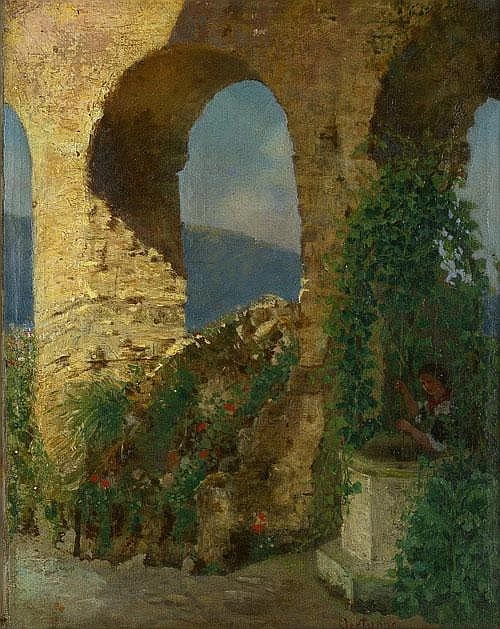Paesaggio di campagna con arco in rovina e giovane donna